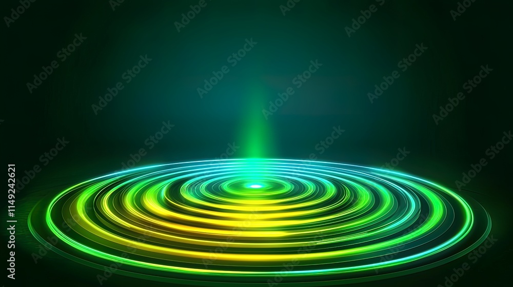 Fototapeta premium Abstract green and yellow glowing concentric circles on dark background.