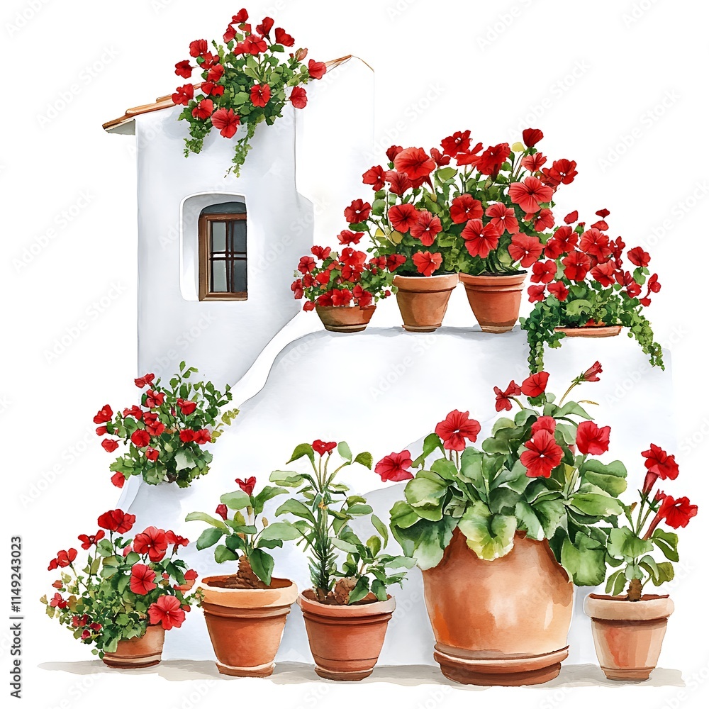 Naklejka premium Vibrant Red Flowers in Terracotta Pots Adorning a Whitewashed Mediterranean House.