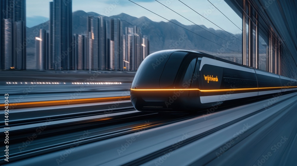 Naklejka premium Futuristic High-Speed Train in Urban Landscape With Modern Buildings and Scenic Mountain Background