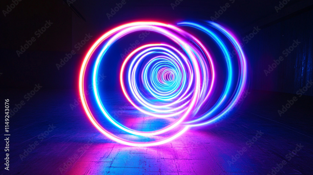 Bright neon lights create swirling patterns in a darkened space. Bright neon lights create swirling patterns in a darkened space.