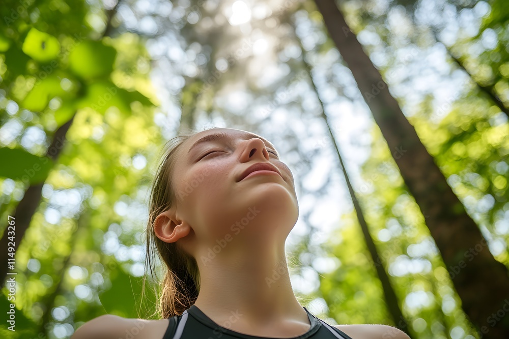 A serene young person enjoying nature in a forest setting. A serene young person enjoying nature in a forest setting.