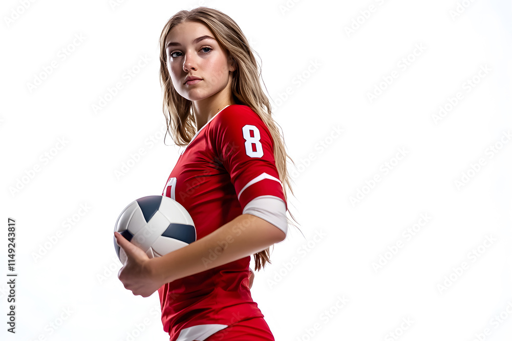 Young athlete in red jersey holding a volleyball, showcasing strength. Young athlete in red jersey holding a volleyball, showcasing strength.