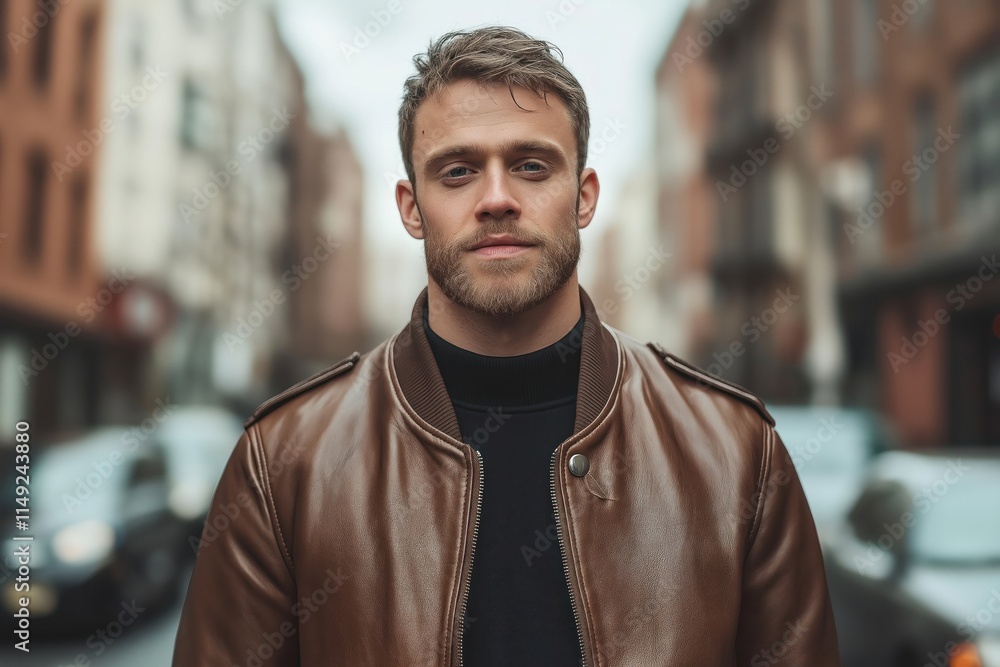 Fototapeta premium Handsome young man stands outdoors in city street. Stylishly dressed in brown leather jacket, dark top. Urban photogenic portrait. Casual, modern style. Cityscape blurred in background. Man looking