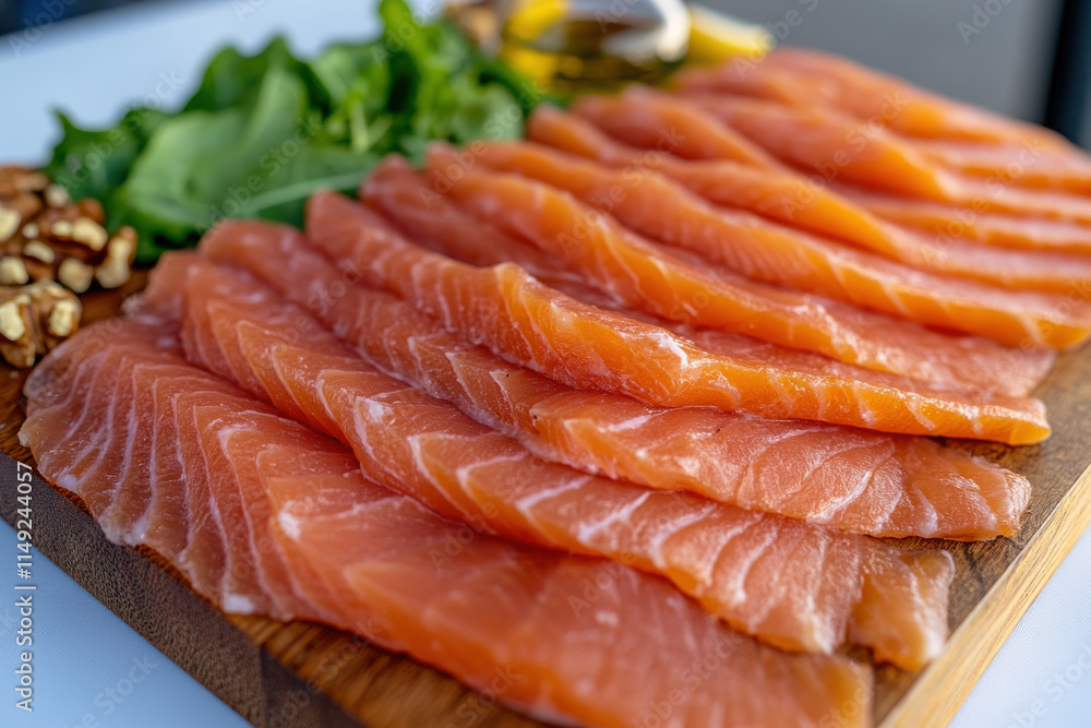 A wooden board with salmon slices on it A wooden board with salmon slices on it