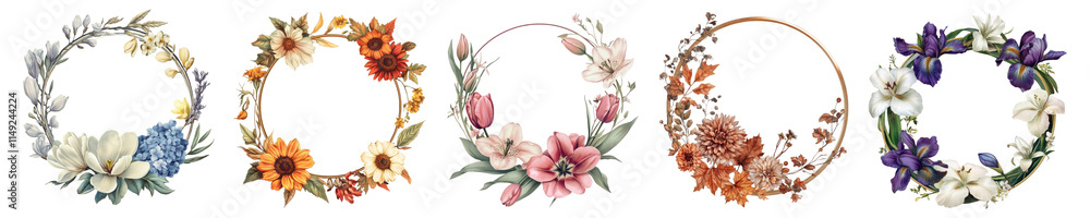 PNG Elegant floral wreath designs, element set on transparent background PNG Elegant floral wreath designs, element set on transparent background