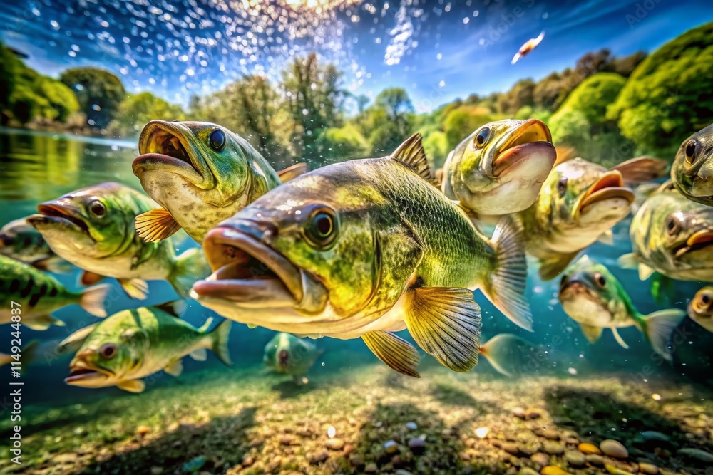 Miniature Largemouth Bass Feeding Frenzy: Tilt-Shift Generative AI Stock Photo Miniature Largemouth Bass Feeding Frenzy: Tilt-Shift Generative AI Stock Photo