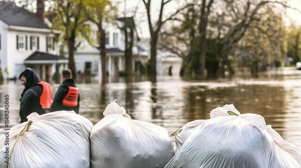Flood Protection Sandbags with flooded homes in the background (Montage) Flood Protection Sandbags with flooded homes in the background (Montage)