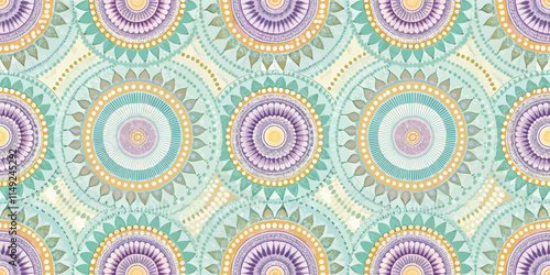 Intricate circular patterns in soft pastels create a vibrant, harmonious design, perfect for fabric or wallpaper.