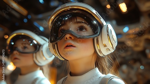 Future Explorers: Two young girls, clad in futuristic helmets and goggles, gaze upwards with a mixture of wonder and anticipation, ready to embark on a journey of discovery.  