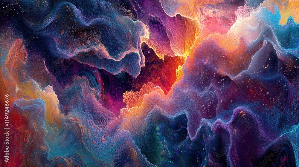 Obraz premium Abstract Vibrant Nebula Cosmic Swirls of Blue, Purple, Orange and Red Hues - Digital Art Background
