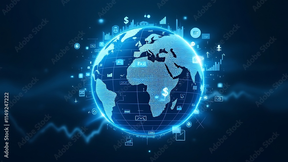 A globe with financial symbols overlay, representing global finance, economic connections, investment, and international trade. Ideal for financial, business, and economic themes. A globe with financial symbols overlay, representing global finance, economic connections, investment, and international trade. Ideal for financial, business, and economic themes.