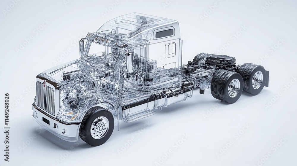 Transparent X-Ray View of a Modern Semi-Truck Detailed 3D Render of Engine, Chassis, and Components. Transparent X-Ray View of a Modern Semi-Truck Detailed 3D Render of Engine, Chassis, and Components.