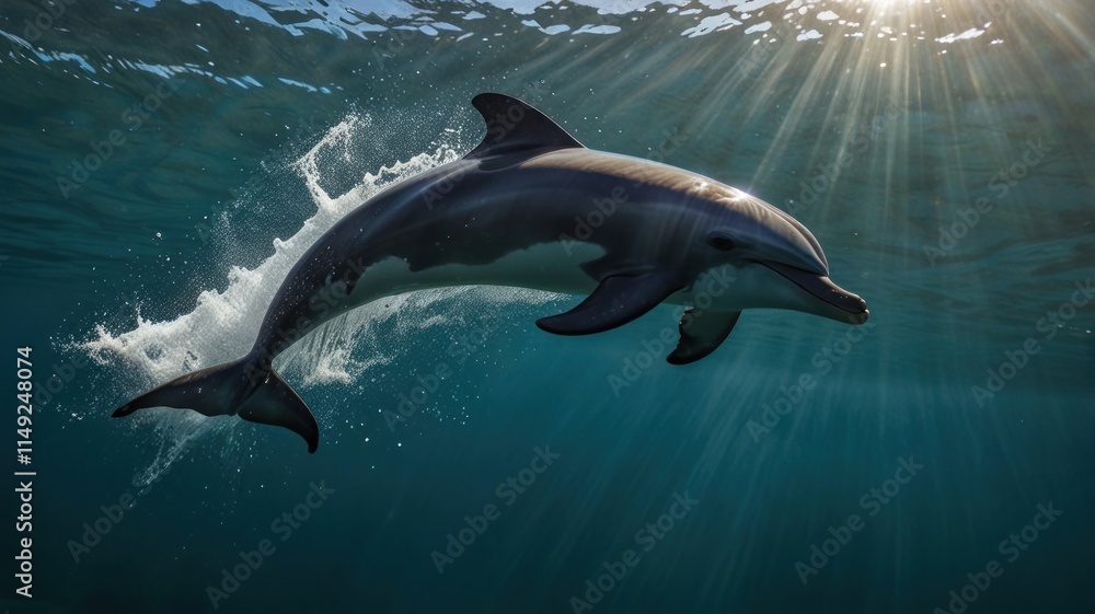 Dolphin leaping underwater, sun rays. Dolphin leaping underwater, sun rays.