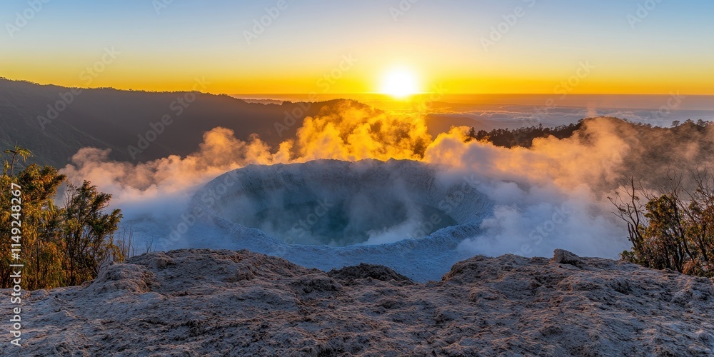 Fototapeta premium A group of travelers enjoying a scenic sunrise trek to the top of Mount Bromo in Indonesia, with the volcano’s crater steaming against a backdrop of golden skies and rolling mist, offering a 