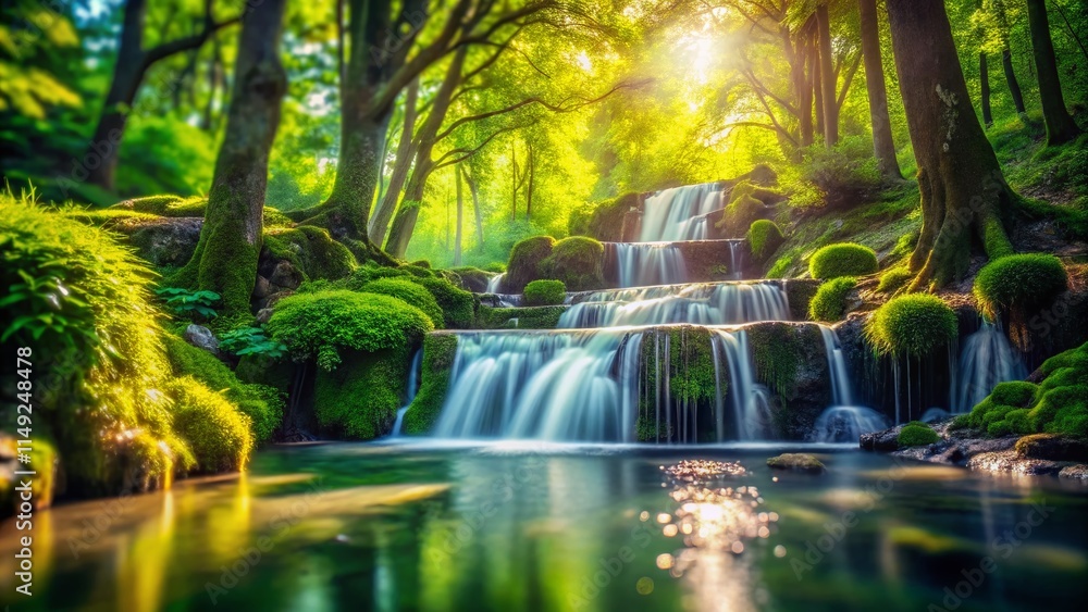 Miniature Waterfall in Lush Park, Tilt-Shift Photography Miniature Waterfall in Lush Park, Tilt-Shift Photography