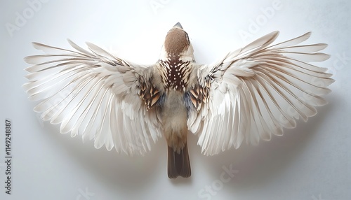 Sparrowa??s wings spread, capturing the elegance and detail of each feather on a white backdrop. photo