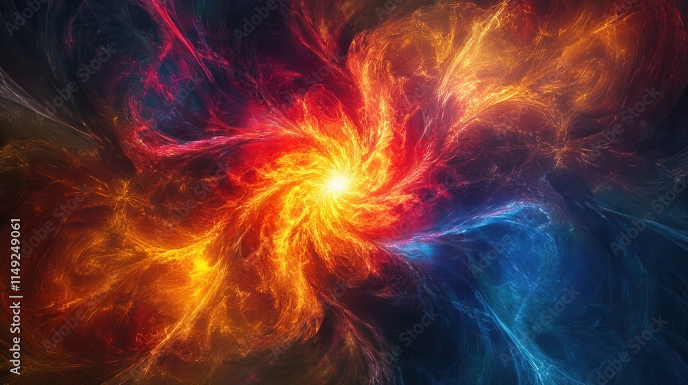 Abstract Fiery Vortex Swirling Nebula of Red, Orange, and Blue Energy, Digital Art Background Abstract Fiery Vortex Swirling Nebula of Red, Orange, and Blue Energy, Digital Art Background