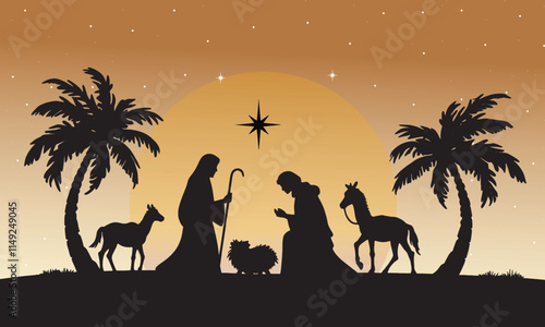 Silhouette Nativity scene with Mary, Joseph, and baby Jesus under a starry sky and glowing sun, surrounded by palm trees. Perfect for Christmas designs symbolizing peace, faith, and tradition.