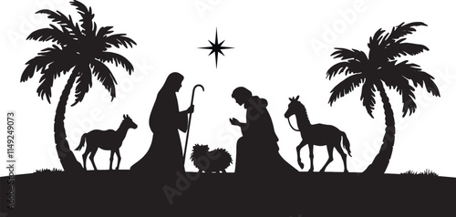 silhouette image of a Nativity scene featuring Mary, Joseph, baby Jesus in a manger, animals, and palm trees under a stable. A serene Christmas design emphasizing peace, faith, and tradition. 
