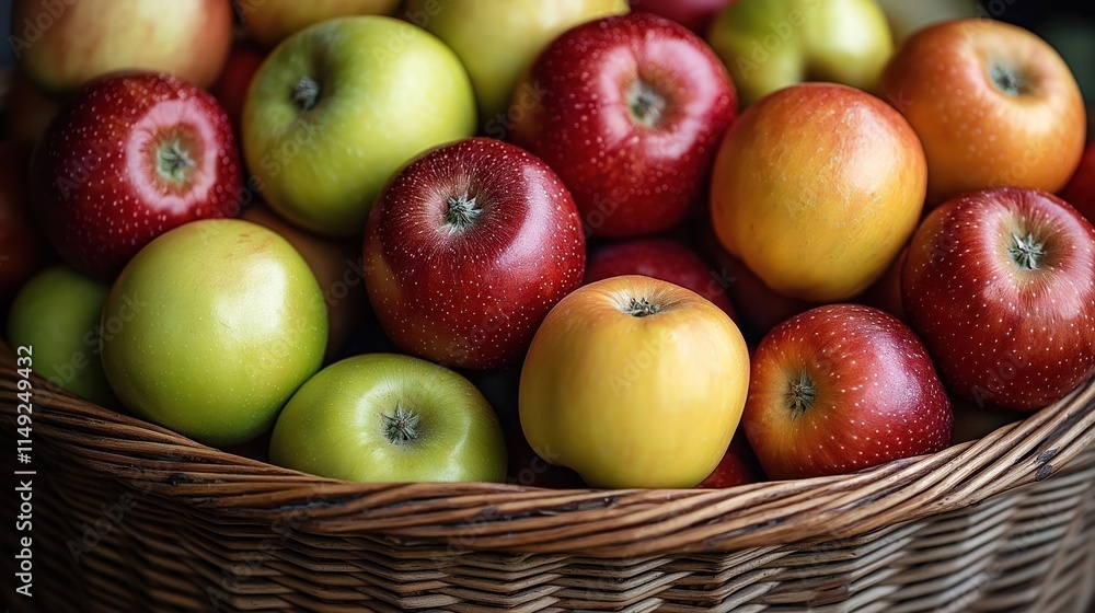 Close-up view of basket filled with fresh ripe apples. Different colors of apples in basket. Red, yellow, green apples visible. Healthy, fresh fruit. Ideal for healthy diet, organic food stores. Close-up view of basket filled with fresh ripe apples. Different colors of apples in basket. Red, yellow, green apples visible. Healthy, fresh fruit. Ideal for healthy diet, organic food stores.