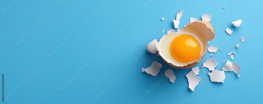 Close up of a Broken Chicken Egg with Visible Yolk on a Blue Background Close up of a Broken Chicken Egg with Visible Yolk on a Blue Background