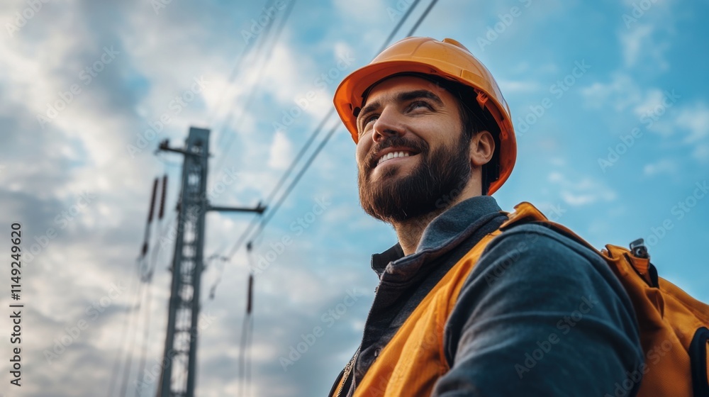 Smiling Construction Worker with Hard Hat Overlooking Electrical Power Lines Against a Beautiful Sky Smiling Construction Worker with Hard Hat Overlooking Electrical Power Lines Against a Beautiful Sky