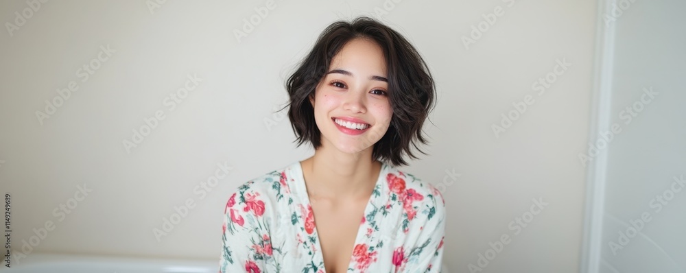 Portrait of a smiling young Asian woman with short hair, wearing a floral robe Portrait of a smiling young Asian woman with short hair, wearing a floral robe