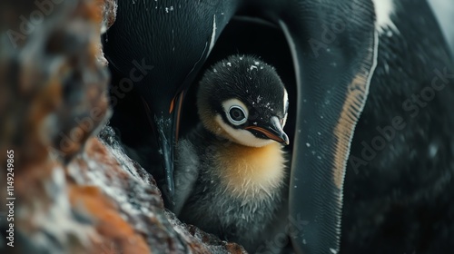 Cute baby penguin nestled under its parent's wing, close-up in chilly environment. photo