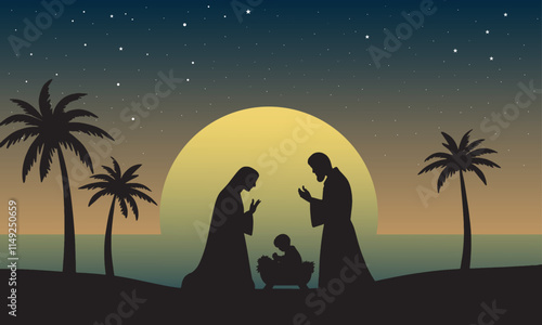 Silhouette Nativity scene with Mary, Joseph, and baby Jesus under a starry sky and glowing sun, surrounded by palm trees. Perfect for Christmas designs symbolizing peace, faith, and tradition.