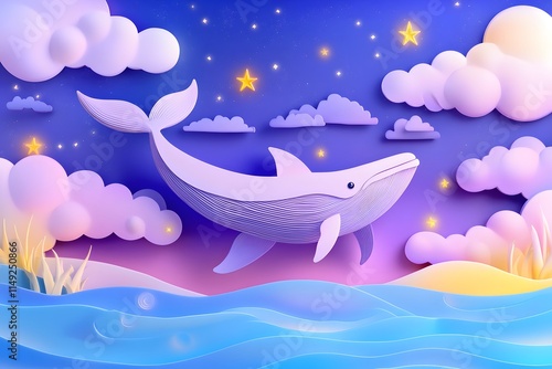 3D paper cut of a whale swimming in the sky, surrounded by clouds and stars, with water ripples on its body, in a purple-blue gradient color scheme photo