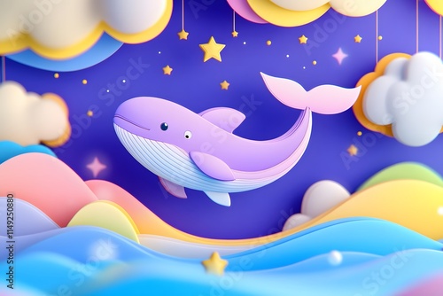 3D paper cut of a whale swimming in the sky, surrounded by clouds and stars, with water ripples on its body, in a purple-blue gradient color scheme photo