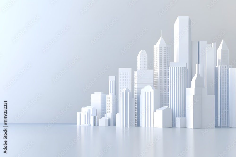 Skyline with skyscrapers and buildings, stands out against the other tall buildings, empty gray background highlighting their white color Skyline with skyscrapers and buildings, stands out against the other tall buildings, empty gray background highlighting their white color