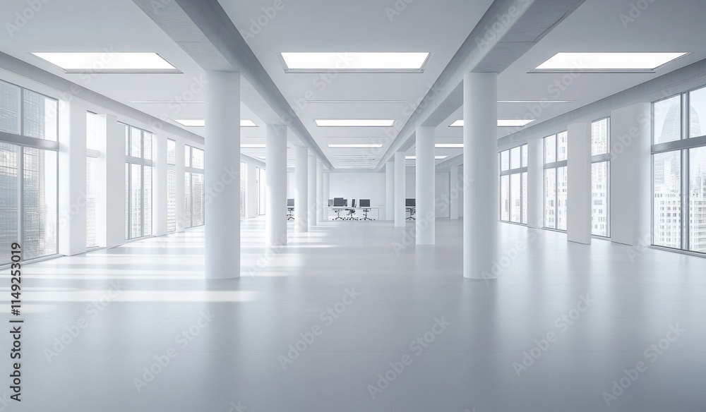 Obraz premium Empty modern white office space with large windows and columns.