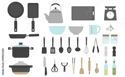 フラットイラスト：調理器具セット