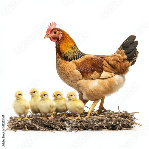 Hen and chicks on nest, white isolated background. photo