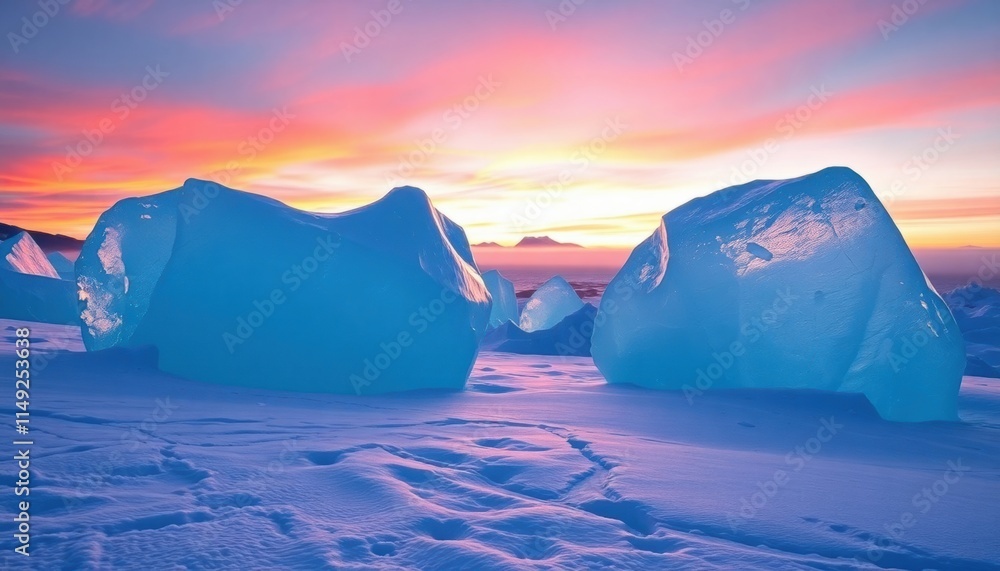An untouched glacier landscape at sunset An untouched glacier landscape at sunset