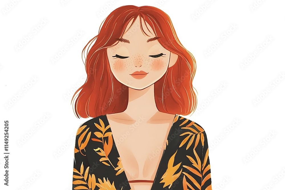 Serene redhead woman with closed eyes wearing a tropical-print kimono. Serene redhead woman with closed eyes wearing a tropical-print kimono.