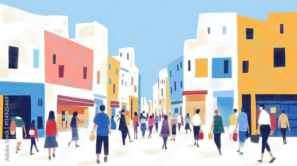 Fototapeta premium Colorful illustration of noisy city street. People walk in many directions. Buildings are in vibrant colors. Urban scene shows diversity. Daytime activity. Retro style.