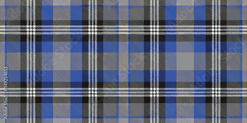 A vibrant blue plaid pattern featuring dark gray and white accents, perfect for textile design or fashion applications.