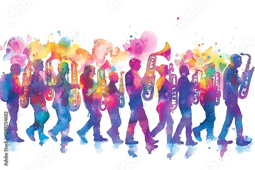 Colorful Watercolor Silhouette of a Marching Band Playing Brass and Woodwind Instruments.