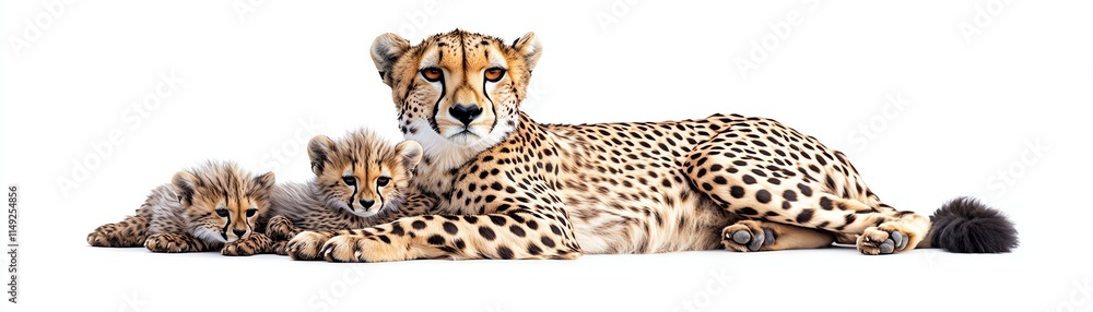Cheetah with two cubs, white isolate background Cheetah with two cubs, white isolate background