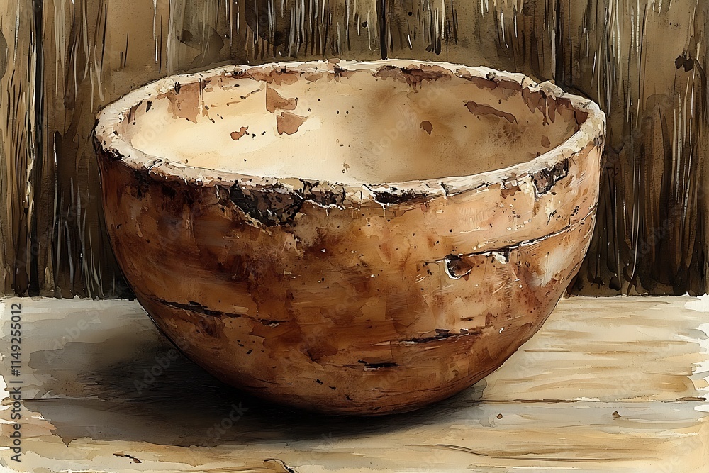A Rustic Wooden Bowl on a Weathered Wooden Surface, Watercolor Style. A Rustic Wooden Bowl on a Weathered Wooden Surface, Watercolor Style.