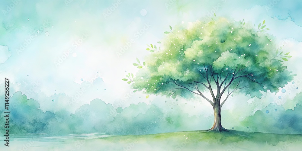 Serene watercolor painting of a single tree on a hill overlooking a calm body of water under a pastel sky Serene watercolor painting of a single tree on a hill overlooking a calm body of water under a pastel sky