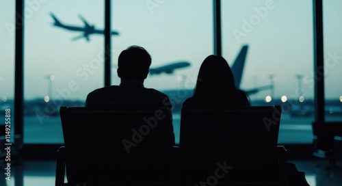 A couple sitting on chairs in an airport waiting area, silhouette of the man and woman seen from behind blurred planes flying outside large windows in background