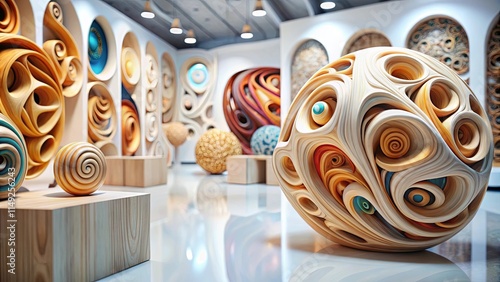 Modern Gallery Featuring Intricate Wooden Sculptures with Swirling Patterns and Vibrant Accents photo