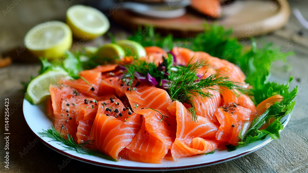 Salmon on a plate. Slice fish white plate greens dill red. A fish with greens and red dill slices. Describe lifestyle the photo. Salmon on a plate. Slice fish white plate greens dill red. A fish with greens and red dill slices. Describe lifestyle the photo.
