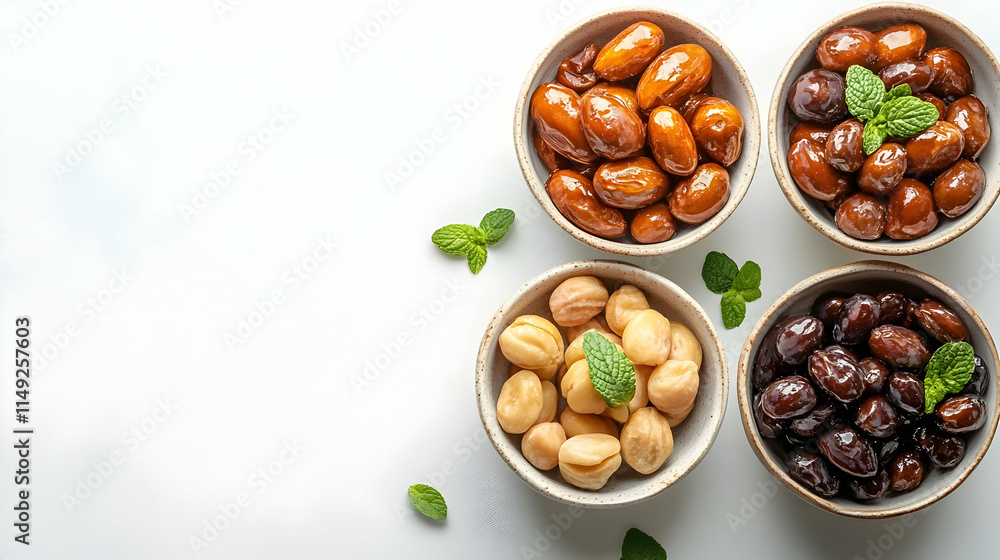 A variety of nuts displayed in bowls with mint leaves for a healthy snack presentation. A variety of nuts displayed in bowls with mint leaves for a healthy snack presentation.