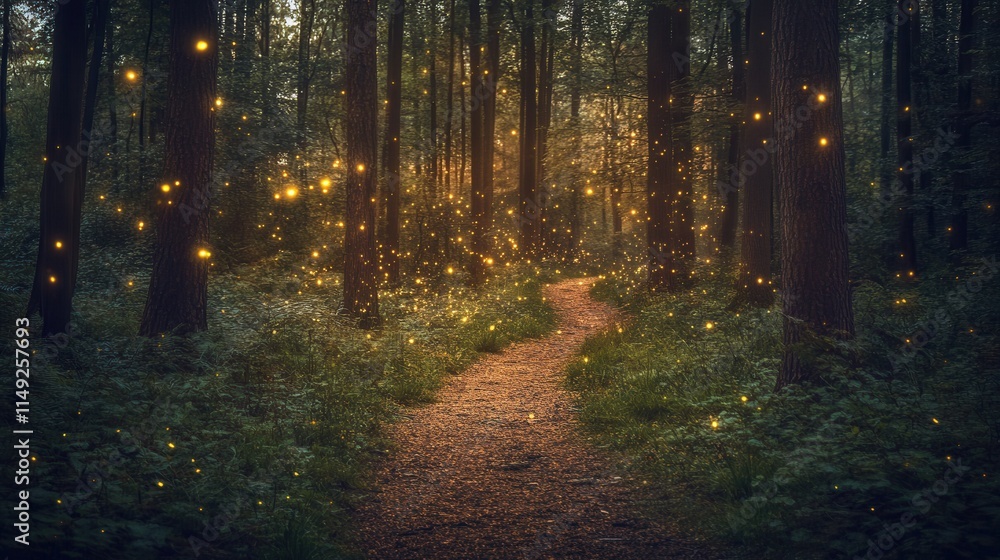 Obraz premium Enchanting Firefly Forest Path Magical Nighttime Nature Scene with Glowing Insects and Winding Trail