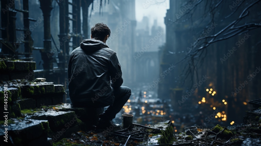 A person struggling with addiction in an urban alley A person struggling with addiction in an urban alley