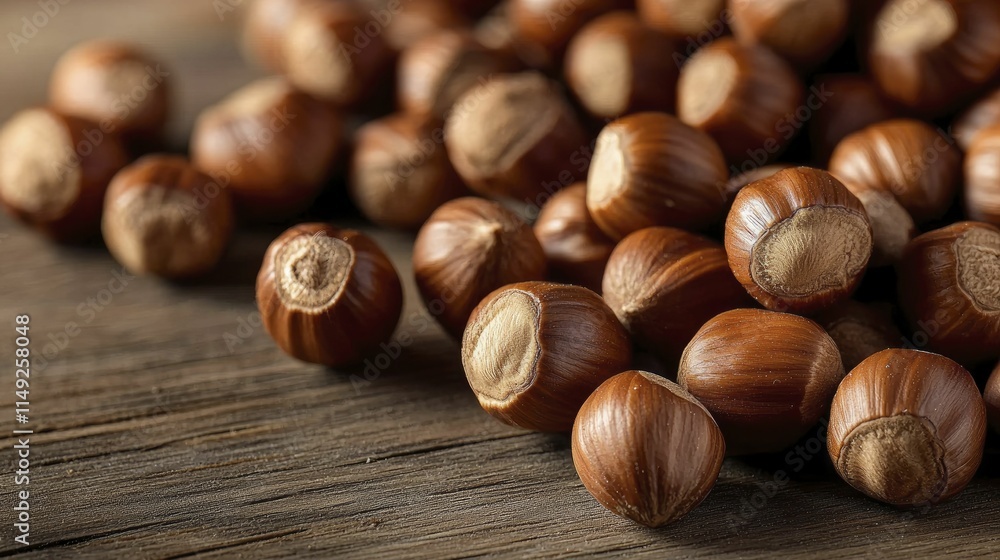 Fresh hazelnuts on rustic wooden table in soft natural light. Fresh hazelnuts on rustic wooden table in soft natural light.